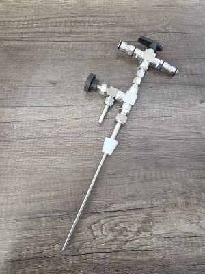 Stainless Tee Type Counter Pressure Bottle Filler Fitted with Ball Lock disconnect.